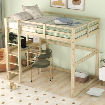 DESMIU Hoogslaper 140x200 cm – Met Bureau – 4 Opbergvakken Voor Boeken En Decoratie – Ideaal Voor Kinderkamer Of Tienerkamer – Massief Grenenhout – Naturel – Zonder Matras