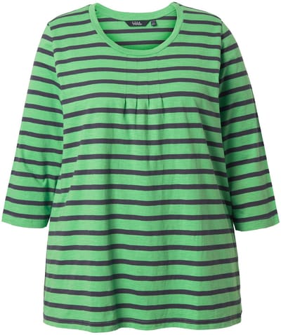 Ulla Popken - Dames - Shirt strepen A-lijn ronde hals sierplooien 3/4-mouwen - Appelgroen - Maat 42+