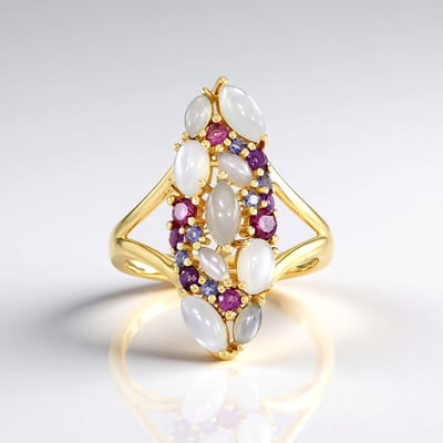 Cavill - Zilveren verstelbare ring met witte Indiase maanstenen en rhodoliet - 925 Sterling Zilver - 2,27 ct - Handgemaakt, uniek en elegant