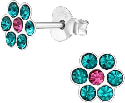 Oorbellen meisje bloem - zilver - turquoise - roze - glinster