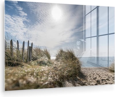 MuchoWow® Glasschilderij 150x100 cm - Schilderij acrylglas - Zon - Wolken - Strand - Foto op glas - Muurdecoratie woonkamer - Wanddecoratie slaapkamer - Schilderijen