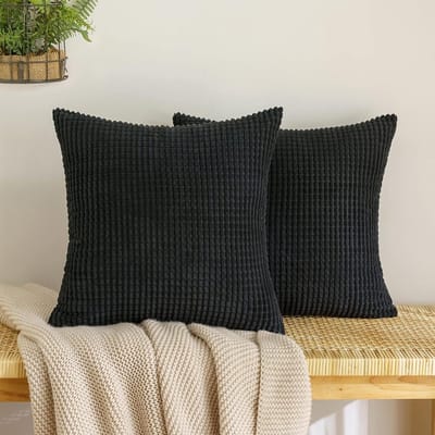 Famanu – Corduroy ribfluweel granulaat kussenhoezen set van 2 (45x45 cm) – zachte geribde sierkussenhoezen – zwart