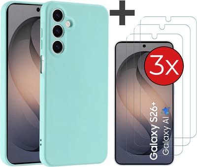 Hoesje geschikt voor Samsung Galaxy S26 Plus hoesje zacht siliconen met 3 Stuks gehard glas Screenprotectors - Arara backcover - Mint Groen