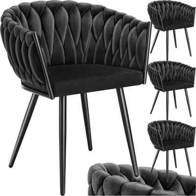 tectake® Set van 4 Fluwelen eetkamerstoelen - Kuipstoel met armleuning in knooplook - Eetkamerstoel - Moderne stoel voor woonkamer en eetkamer - Keukenstoel - Kaptafelstoel - Slaapkamerstoel - Diverse kleuren - Zwart