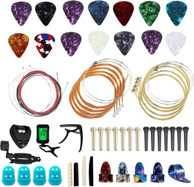 Complete Gitaar Accessoireset met 3 Stuks: Snaren, Picks, Vingerpicks, Plastic Zadel en Stemapparaat voor Onderhoud en Reparatie