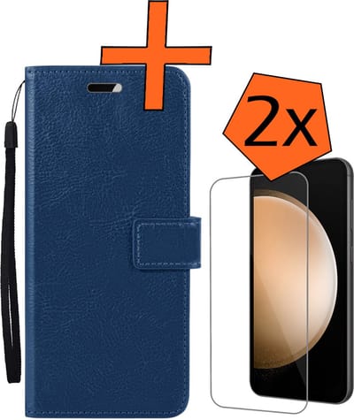 Hoes - Met 2x Screenprotector - Geschikt voor Samsung Galaxy S23 FE - Luxe Pasjeshouder - Bookcase Portemonee - Flip Case - Kunstleer Book Case - Flipcase Hoes - Book Cover - Walletcase - PortemonneeHoes - Donkerblauw