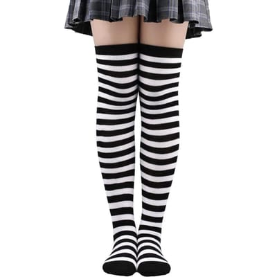 Stippen Dijhoge Sokken Dames Gestreept Dames Meisjes Zwart Wit Roze Lang Boven de Knie Sokken Cosplay Lolita Harajuku Y2K One Size black
