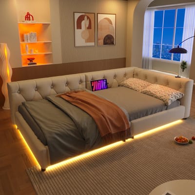 MODENUIT Bedbank 90x200 cm – Met LED-verlichting en USB/USB-C – Knopenhoofdbord – Lattenbodem – Zonder matras – Beige