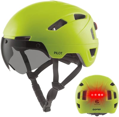 GOOFF® Pilot 3-in-1 Snorfiets Helm met Verlichting en Vizier - Speed Pedelec Fietshelm voor Volwassenen - NTA 8776 - Snorscooter Helm met LED Licht - Goedgekeurd voor Blauw Kenteken en E Bike - Dames en Heren - L - Fluor Geel