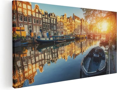 Artaza Canvas Schilderij Amsterdam - 40x20 cm - Klein - Wanddecoratie Grachtenpanden - Muurdecoratie Zonsondergang - Schilderijen Op Canvas