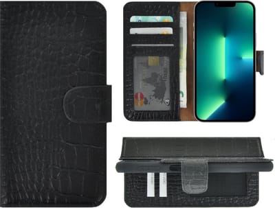 Hoesje iPhone 13 Pro - Bookcase - Portemonnee Hoes Echt leer Wallet case Croco Zwart
