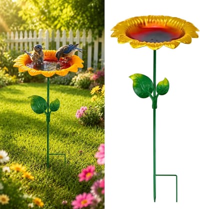Vrijstaande Waterbak voor Tuin - Smeedijzeren Zonnebloem Vogelbad op de Grond - Vogelvoederhuisje met Vlinder- en Bijendecoratie - 2 Stuks - Decoratief Tuinaccessoire voor Vogels - Bijen en Vlinders