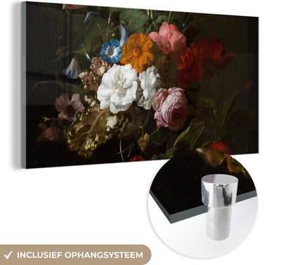 MuchoWow® Glasschilderij 40x20 cm - Schilderij acrylglas - Vaas met bloemen - Schilderij van Rachel Ruysch - Foto op glas - Schilderijen