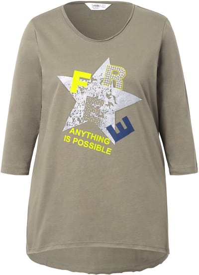 Angel of Style - Dames - T-shirt glinsterende ster open afgewerkte boordjes - Rietgroen - Maat 44