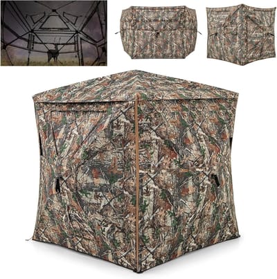 KOMFOTTEU 3-in-1 multifunctionele jachttent, jachttent voor 2-3 personen, 360° doorzichtige jachttent met draagtas en te openen bovenlicht, opklapbare camouflagetent voor de jacht op vogels, herten en