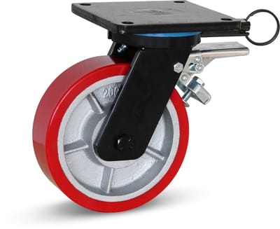 PU extra zwaarlast zwenkwiel geremd met topplaat en richtingvastzetter - 200mm - 1400kg
