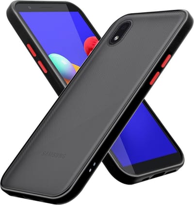 Cadorabo Hoesje geschikt voor Samsung Galaxy A01 CORE in Mat Zwart - Rode Knopen - Hybride beschermhoes met TPU siliconen Case Cover binnenkant en matte plastic achterkant
