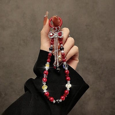 Luxe Strass Kristal Strik Mobiele Telefoon Ketting Kristallen Hanger Handgemaakte Kralen Pols Korte Sleutel Tas Hanger black