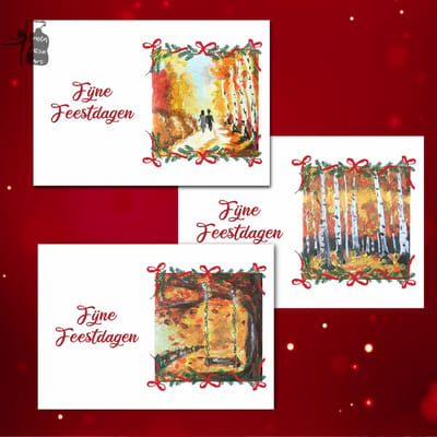 Krista Kitsz Art | Fijne Feestdagen Kerstkaarten set | Herfst landschap schilderijen |12 stuks | ansichtkaart