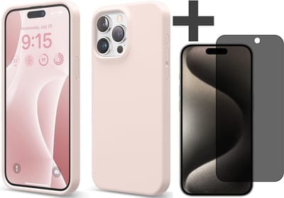 Hoesje met Privacy Screenprotector Geschikt voor iPhone 15 Pro Hoesje Siliconen - liquid case - Arara Backcover - Zand