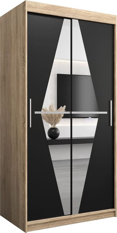 InspireMe - Kledingkast met 2 schuifdeuren, Modern-stijl, Een kledingkast met planken en een spiegel (BxHxD): 100x200x62 - BOLA 100 Sonoma Eik + Zwart Mat