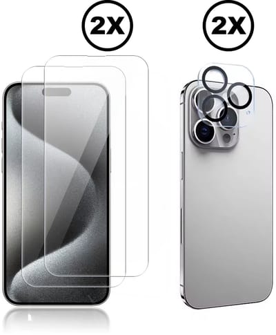 2 Stuks Screenprotector en 2 Stuks Camera Glas Lens Protector voor iPhone 15 Pro Max - 4-in-1 Set 9H Gehard Beschermglas - Extra Gehard HD Transparant en Krasbestendig - Full Cover Tempered Glass Screen Cover