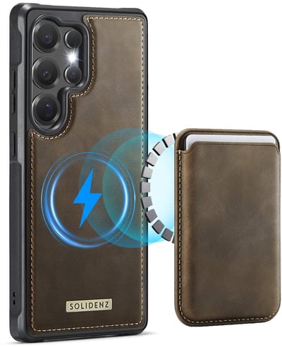 Solidenz Luxe Wallet geschikt voor Samsung Galaxy S25 Ultra hoesje - Magnetische Pasjeshouder - Geschikt voor MagSafe - Schokbestendig - Bruin
