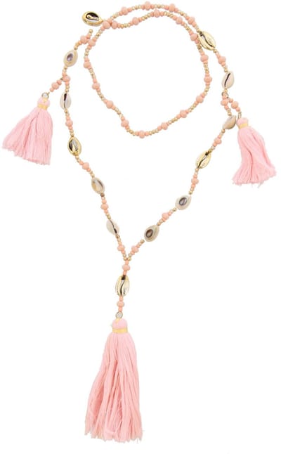 Lange Ketting met Kwasten - Schelpen en Glaskralen - 100 cm - Roze