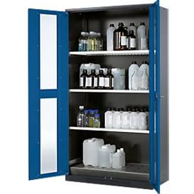 Chemicaliënkast, Vleugeldeur met glasplaat, 3 legborden, 1055x520x1950 mm, gentiaanblauw
