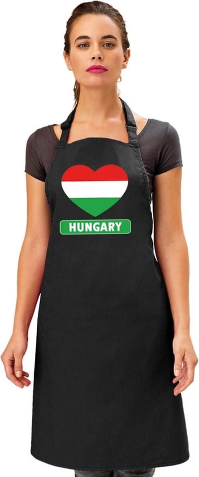 Hongaarse vlag in hart keukenschort/ barbecueschort zwart heren en dames - I love Hongarije schort