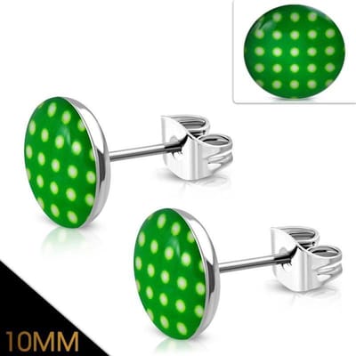 Aramat Jewels | Oorbellen | RVS Logo Oorknoppen - Stoere Oorstekers | 10mm / Stippen-Groen-Wit | |7mm | Staal | Kinderen, Volwassenen | Verkleurd niet