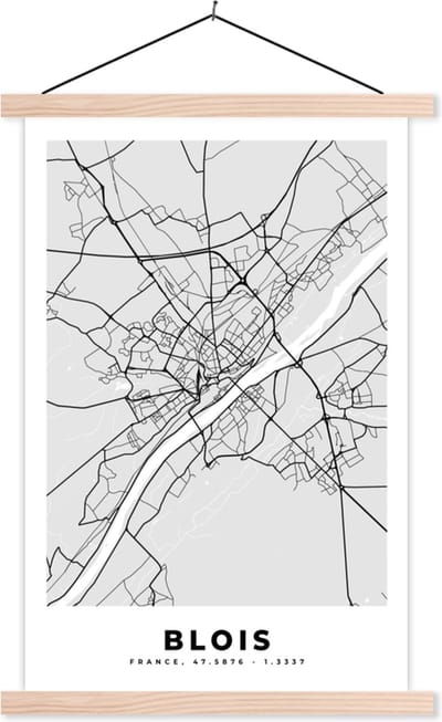 Posterhanger incl. Poster 40x60 cm - Schoolplaat - Frankrijk - Plattegrond - Kaart - Blois - Stadskaart - Textielposter - Blanke latten - Stadskaart