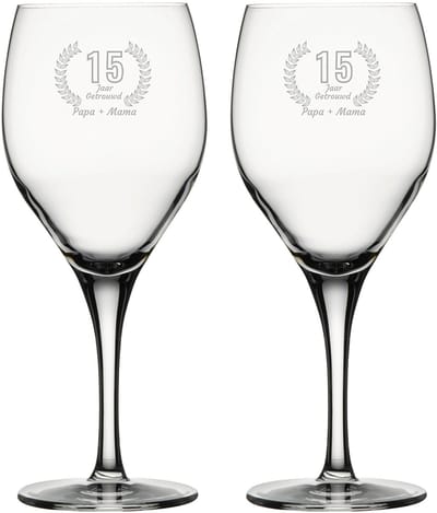 Gegraveerde witte wijnglas 34cl Papa + mama 15 jaar getrouwd