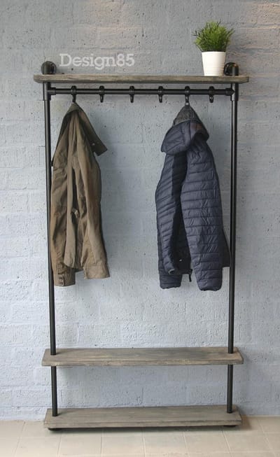 Industriële Wandkapstok met Hoedenplank Vintage – Steigerbuis Kapstok van Hout & Zwart Staal – Design85