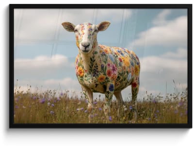 Poster in lijst - Fotolijst 90x60 cm - Posters - Schaap - Bloemen - Weide - Posterlijst zwart - Decoratie - Wanddecoratie woonkamer - Muurdecoratie slaapkamer