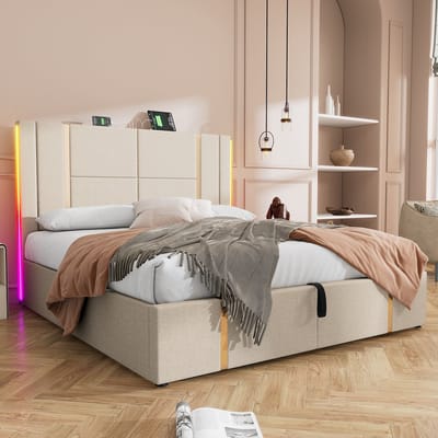 VVBV Gestoffeerd Opbergbed 160x200 cm - Opbergruimte, LED-Verlichting, App-bediening - Hout/Linnen Beige - Zonder Matras