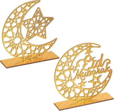 Famanu – 2 houten Eid Mubarak Ramadan Kareem tafeldecoraties -maan en holle ster -vrijstaande ornamenten voor tafel centerpiece