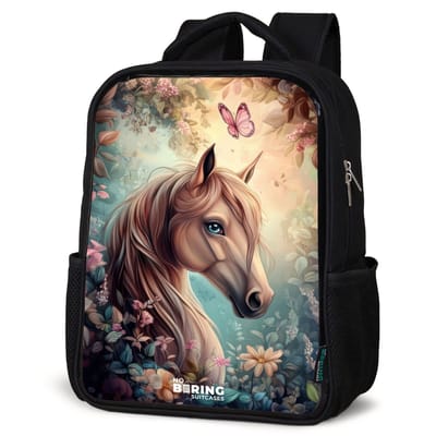 NoBoringSuitcases.com® - Rugzak zwart - Schooltas jongen & meisje - Paard met vlinders in bloementuin - Rugtas voor school - Boekentas kind - Schoolrugzak - Kinderrugzak