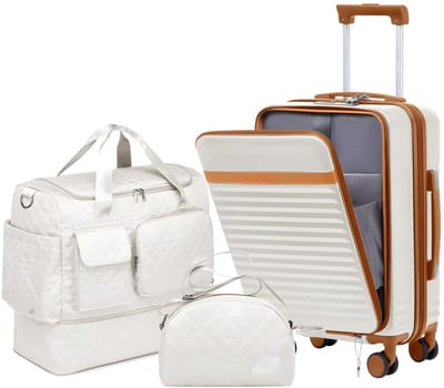 Bagagekoffer – Voor reizen en dagelijks gebruik – Uitbreidbaar met multifunctionele tas en kleine crossbodytas – Wit, duurzaam materiaal (ca. 51 cm)
