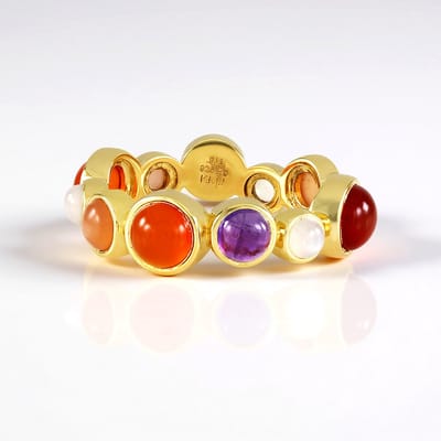 Cavill - Zilveren ring met vergulde bezel - 3,34 ct carneool, perzik maansteen, amethist - Ronde cabochon edelstenen - Speelse, kleurrijke damesring