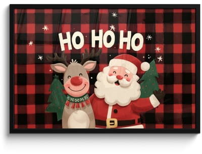 Poster in lijst - Fotolijst 90x60 cm - Posters - Kerstman - Rendier - Tekst - Rood - Zwart - Posterlijst zwart - Decoratie - Wanddecoratie woonkamer - Muurdecoratie slaapkamer - Kerstversiering - Kerstdecoratie voor binnen - Kerstmis