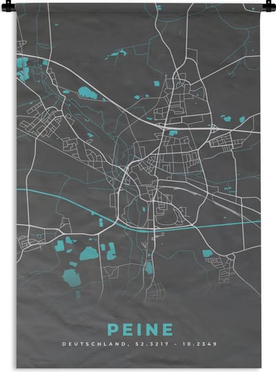 Wandkleed - Wanddoek - Peine – Stadskaart – Blauw – Plattegrond – Stadskaart – Kaart - Duitsland - 120x180 cm - Wandtapijt