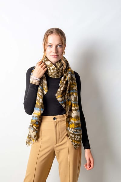Dominique scarf- Sjaal dames- Sjaaltje- Lange sjaal- Katoen-Wrap-Shawl- Cadeau- Grafische print- Goud accent- Kaki blauw oker