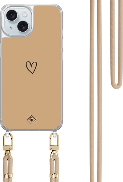 Casimoda® hoesje met beige koord - Geschikt voor iPhone 15 - Hart Bruin - Afneembaar koord - TPU/acryl - Bruin/beige