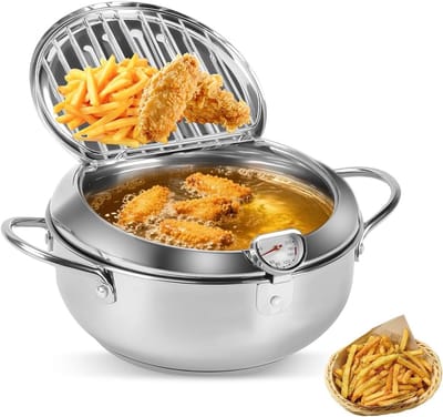 Kleine Frituur Pan - Mini Friteuse Diameter 21cm - Japanse Frituurpan - Friteuse 2.2 Liter - Met Thermometer - Frietpan - Frituurpan - Huisraad Friteuse - Chipfriteuse - Friteuse - Makkelijk Schoon Te Maken - Geschikt Voor Gas En Inductie - Zilver
