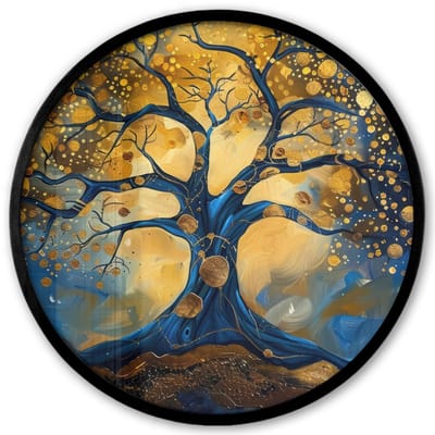 Poster in lijst Rond - Fotolijst 40x40 cm - Posters - Boom - Levensboom - Blauw - Goud - Ronde posterlijst zwart - Decoratie - Wanddecoratie woonkamer - Muurdecoratie slaapkamer