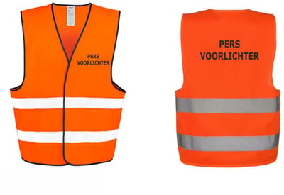 EIZOOK Veiligheidshesje-veiligheidsvest-PERS VOORLICHTER-BEDRUKT Voor en Achterzijde ORANJE - EN ISO20471 -Specialties By Eizook