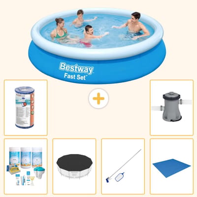Bestway Rond Opblaasbaar Fast Set Zwembad - 366 x 76 cm - Blauw - Inclusief Onderhoudspakket - Afdekzeil - Schoonmaakset - Grondzeil - Filter - Zwembadfilterpomp - 7-delig