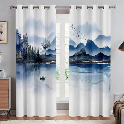 2 Stuks Chinees Gordijn Pruimenbloesem Landschapsschilderij Bedrukt Gordijn voor Slaapkamer Woonkamer Oogjesbovenkant kan op maat worden gemaakt 100W130H(CM)40x51in&Grommet Top gray