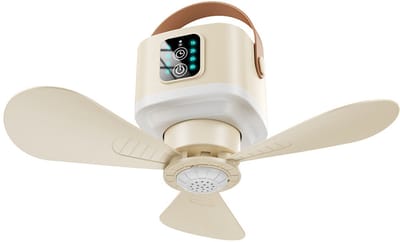 Ventilatoren-Camping Ventilator voor Tent - 7600mAh Accu - 3-in-1 Hangend en Staand Design - Met Afstandsbediening en LED Verlichting - 4 Snelheden - Stil - Voor Outdoor, Glamping en Slaapzaal - Beige